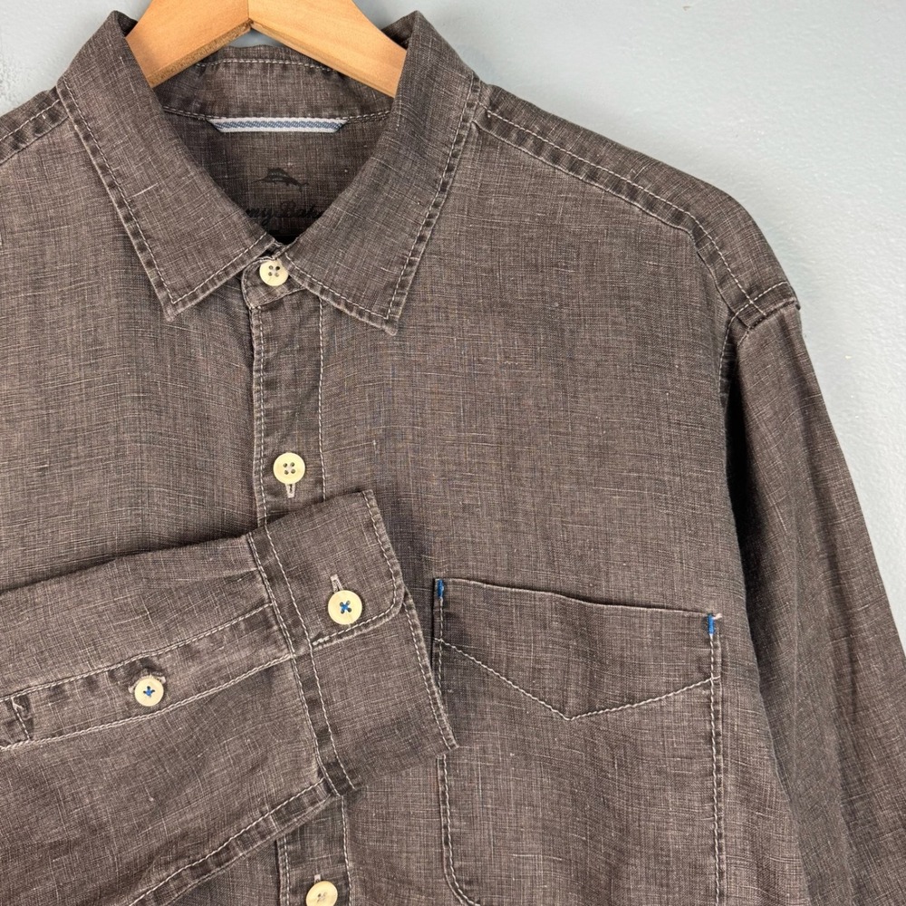 Tommy Bahama Relax Mens Large Gray Linen Long Sleeve Button Up Shirt Vacation